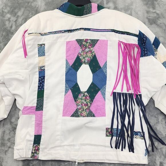 Vintage Quilted Patchwork Suede Fringe Full Zip Jacket Size L White Pink Floral - Picture 7 of 9